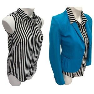 H&M Womens Top Blazer Combo Size 2 Black White Striped Chiffon Collar Blouse
